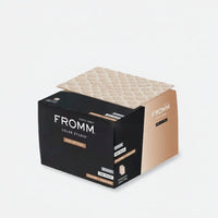 Box of FROMM color swatches with a textured beige sample on a light gray background