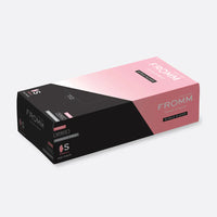 Box of FROMM nitrile gloves with pink and black design on a white background